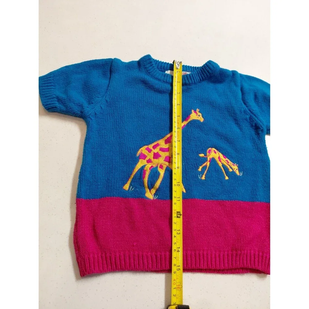 The Eagle’s Eye Blue and Pink Handknit Giraffe Sweater Girl's Size Small